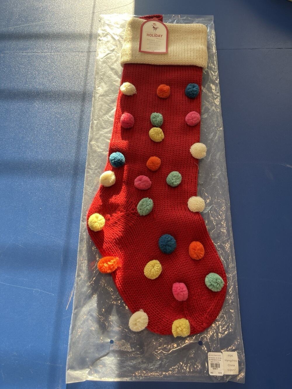 NWT Pottery Barn Kids Merry & Bright Christmas Stocking Red Knit Multicolor Pom